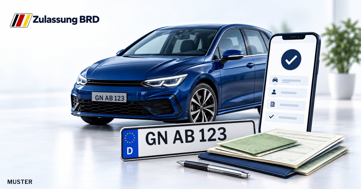 Online Fahrzeugzulassung in Sinntal: Musterkennzeichen GN AB 123, Auto und Fahrzeugpapiere und Smartphone. Illustration mit Logo von Zulassung BRD.